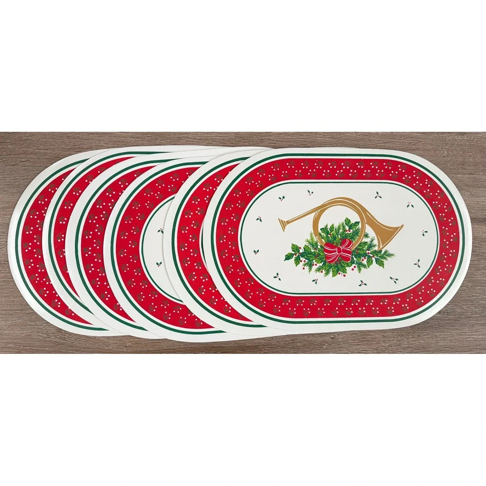 Vintage Kmart Christmas Placemats Set of 6 Oval French Horn Holly Red Green Gold